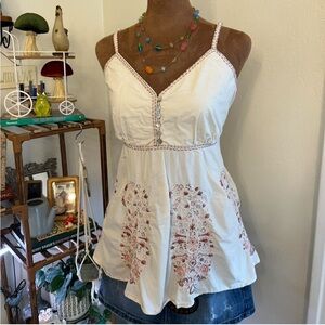 Y2K Boho Earthy Babydoll Style Cream Embroidered Tank Top by Versona - Sz Large